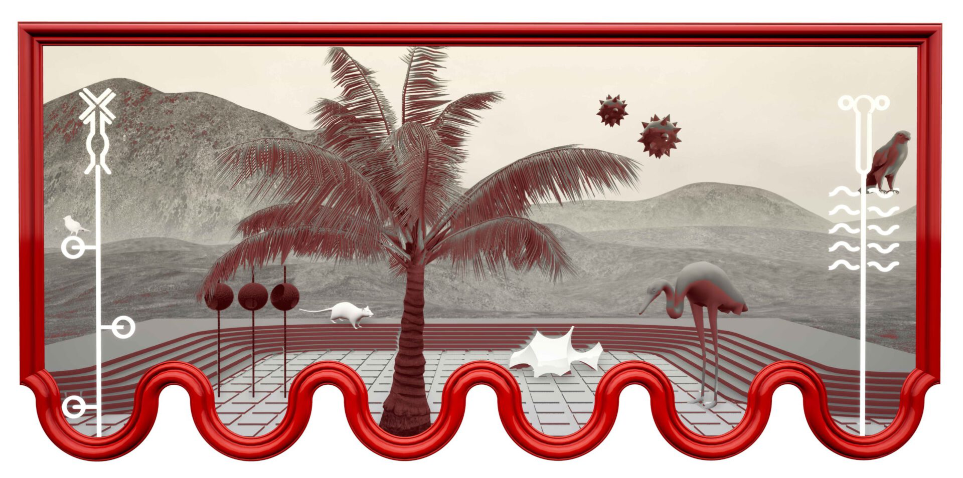 Surreale rot-weiße Landschaft mit einer Palme, einem Flamingo, einem Papagei, einem weißen Nagetier, Bergen, schwebenden stacheligen Früchten und einem schlangenförmigen Rand.