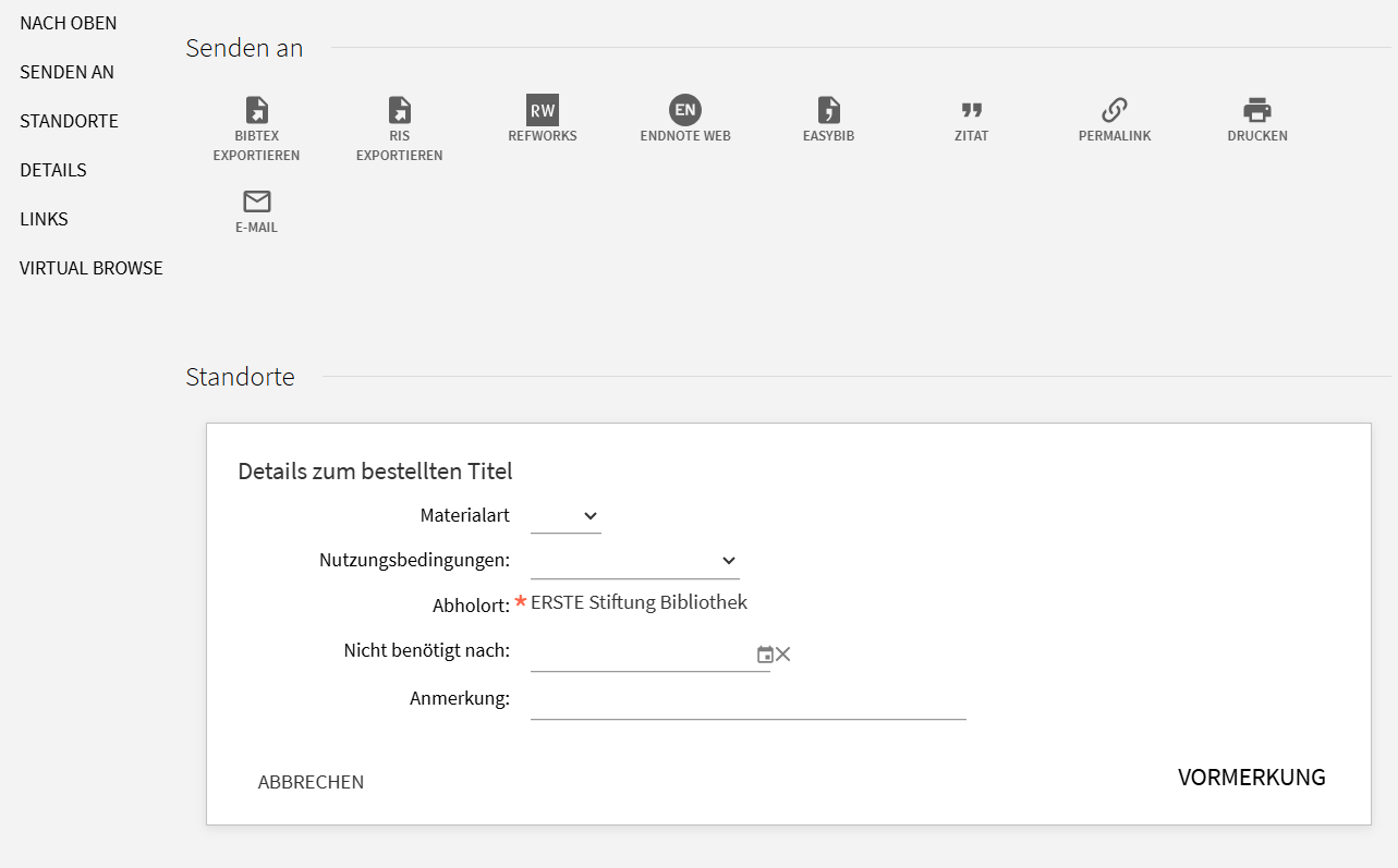 Screenshot aus dem Katalog zur Erklärung der Vormerkung