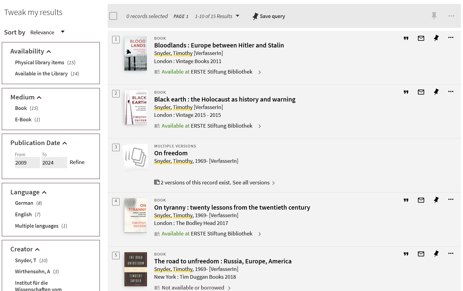 Screenshot of the search results overview in the online catalogue