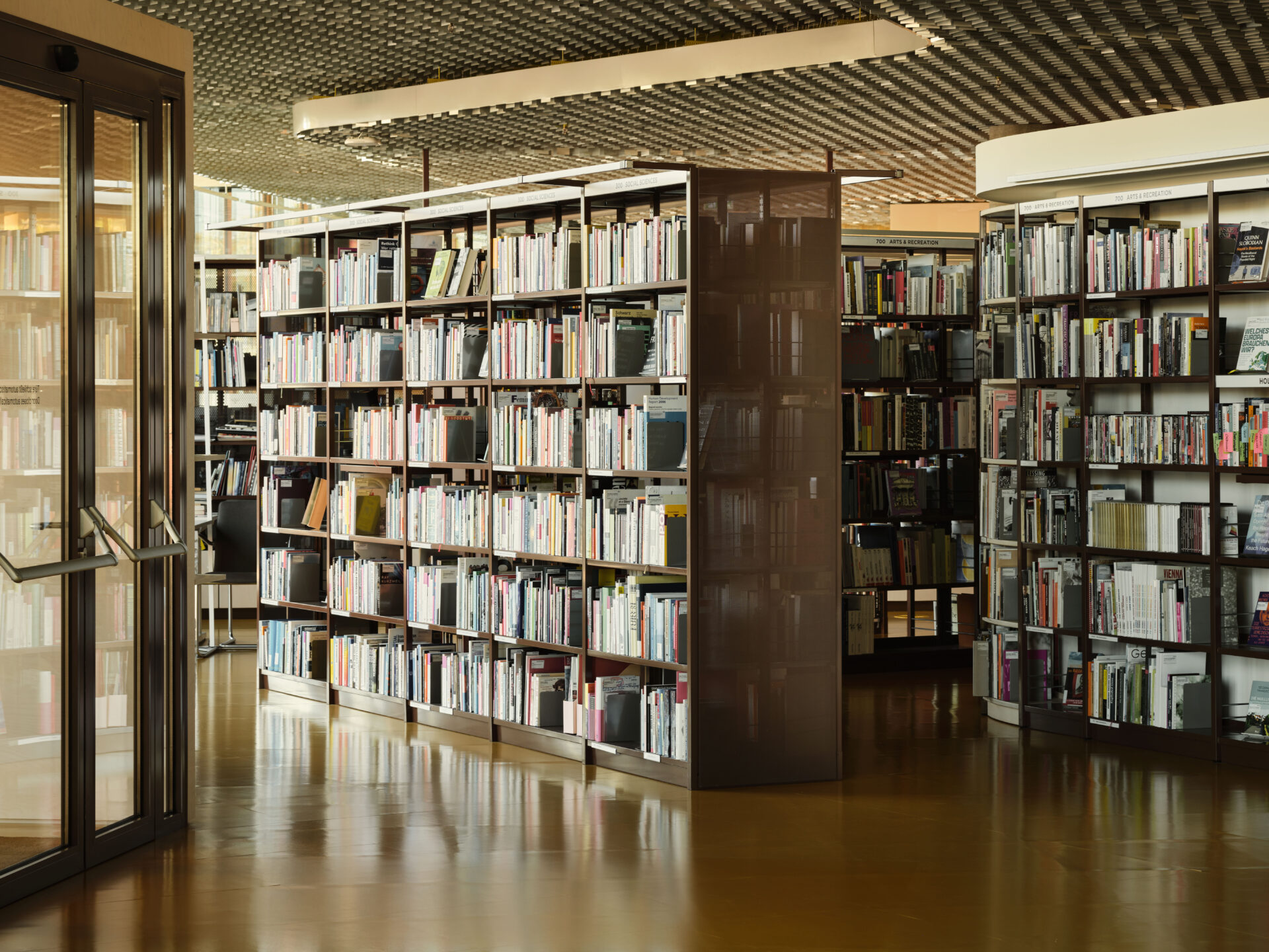 Inside view of ERSTE Foundation Library with bookcases.
