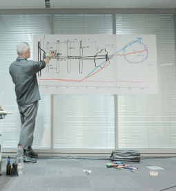 Person präsentiert ein großes handgezeichnetes Prozessdiagramm und eine Trendgrafik während eines Workshops oder Strategie-Meetings.