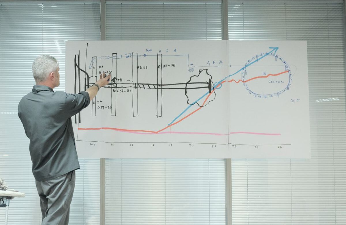 Person presenting a large hand-drawn process diagram and trend chart during an artist talk, standing in front of a wall-sized drawing covered with notes, arrows, and graphs.