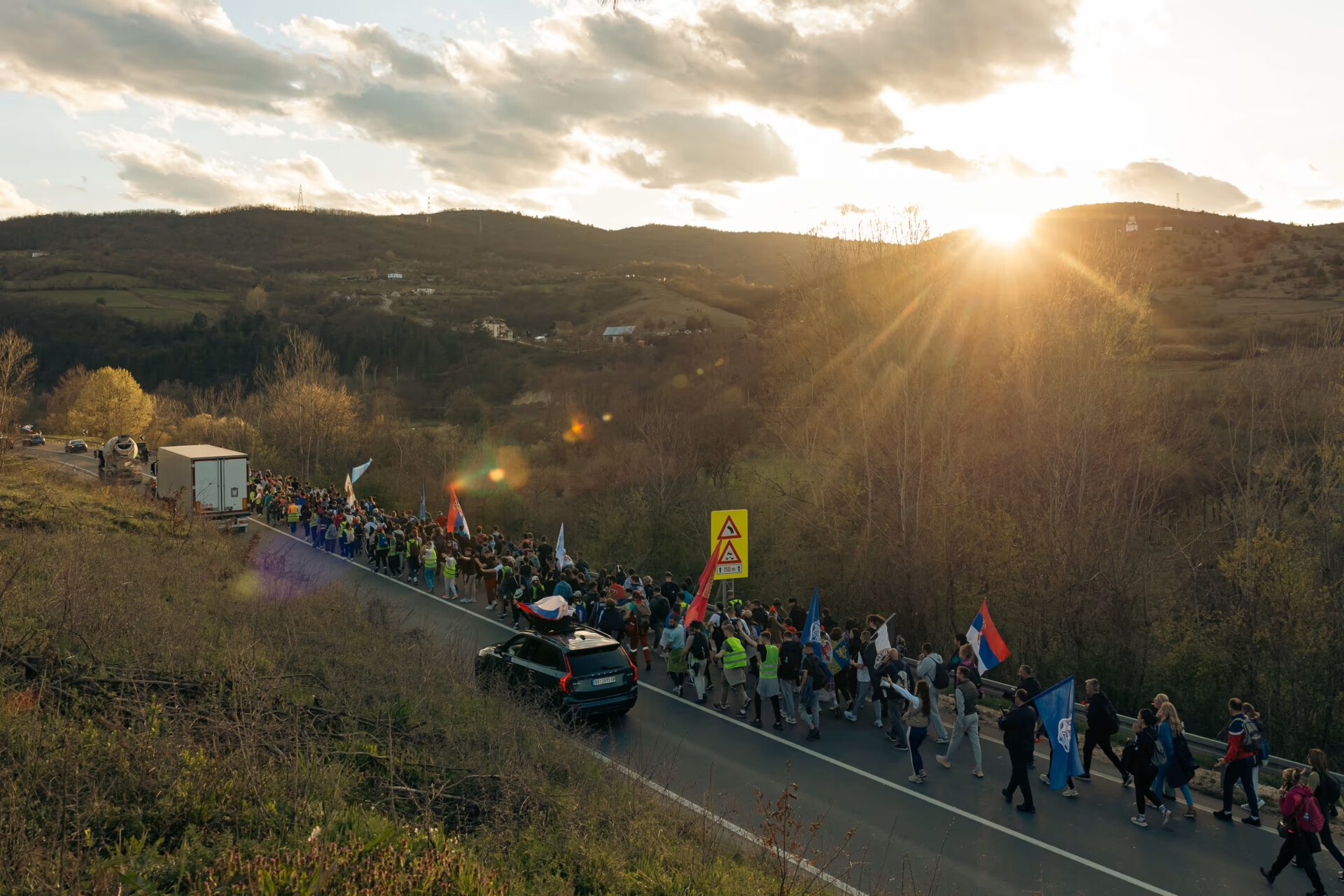 Landscape showing protest movement on Serbian country road.