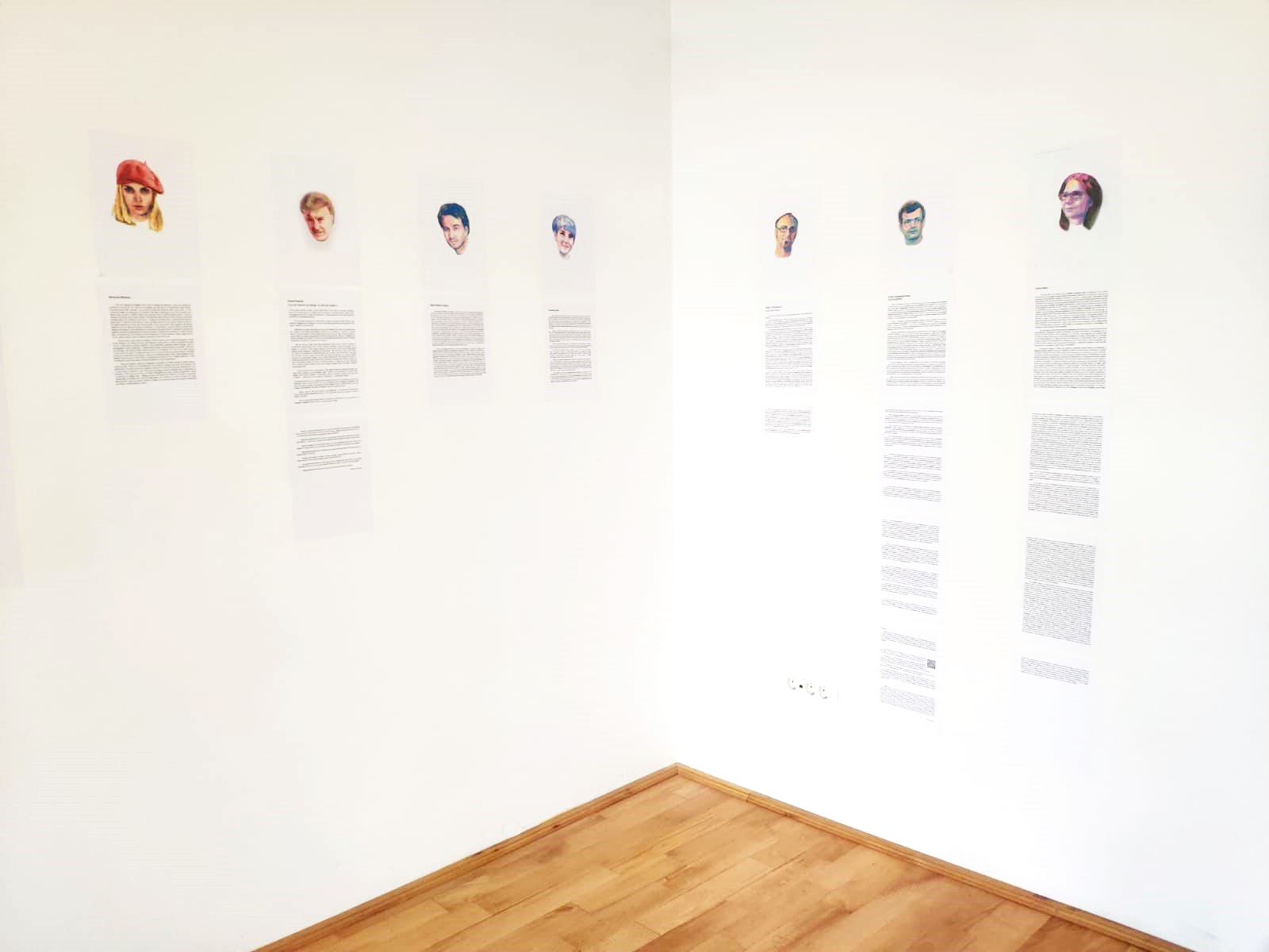 Beatrice Anghelache, How did I become leftist? What left means for you?, Watercolor portraits and texts as political biographies, 2021. Installation view. Photo: © Florin Bobu