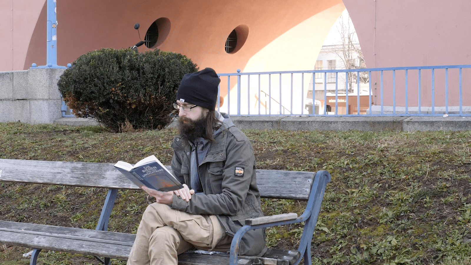 Film still from the Kontakt Video Portrait of writer Clemens Setz in Vienna in March 2021